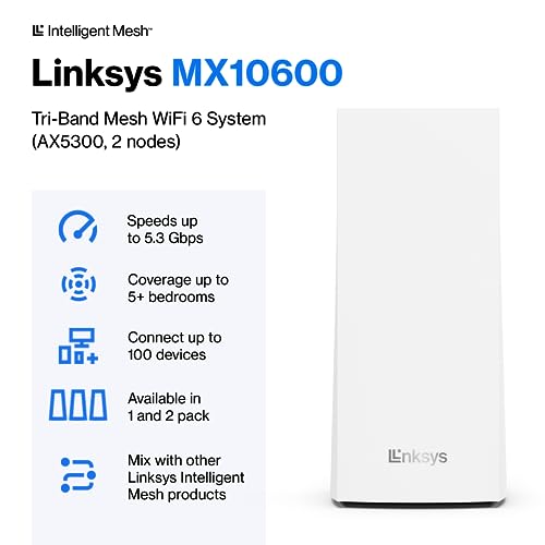 Linksys Velop MX10600 Tri-Band Whole Home Mesh WiFi 6 System (AX5300)